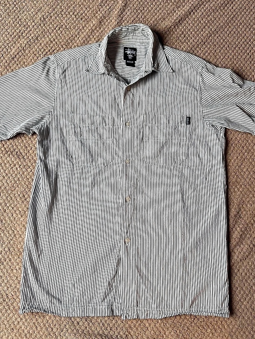 Vintage Stussy Men Short Sleeve Striped Button Shirt Black & White Size Medium